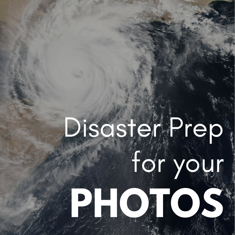 Satellite image of a hurricane spiral cloud over land and ocean. Text reads "Disaster Prep for your photos" with PHOTOS in bold font.